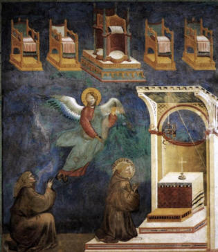 "Vision de Saint François" - Giotto, 1295-1300 : Illustrant des anges autour de Saint François, démontrant la hiérarchie céleste