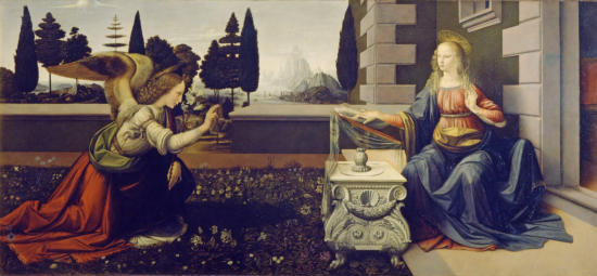 "L'Annonciation" par Léonard de Vinci, qui capture le moment où l'Archange Gabriel annonce à Marie qu'elle donnera naissance à Jésus. Cette œuvre est exposée à la Galerie des Offices, Florence