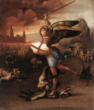 Huile sur Bois - "Saint Michel et le Dragon" par Raphaël, également connu sous le nom de "Le Petit Saint Michel" pour le distinguer du "Grand Saint Michel" de Raphaël. Cette œuvre se trouve au Louvre, Paris.